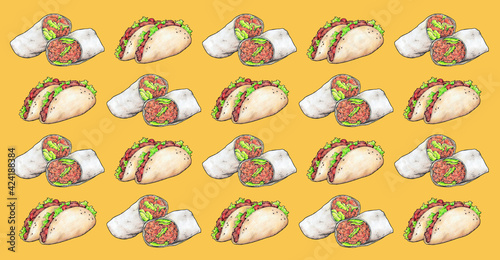 Ilustración a mano de burritos y tacos mexicanos. Ideal para manteles o tapetes de restaurantes mejicanos.