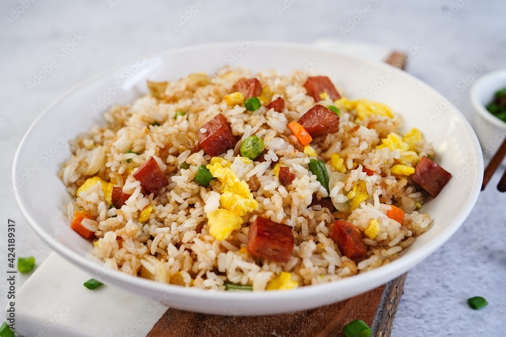 Homemade Spam Fried Rice selective focus Homemade Spam Fried Rice selective focus