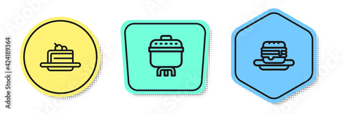 Set line Cake, Cooking pot and Junk food. Colored shapes. Vector
