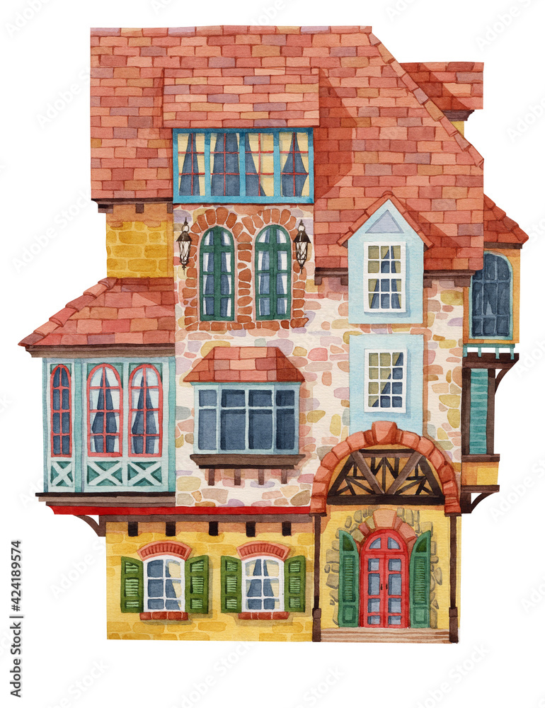 Watercolor colorful house on white background