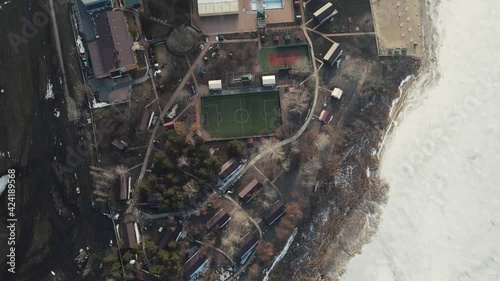 view from the quadcopter to the recreation center in winter