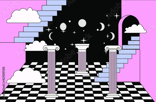 Surreal vaporwave room interior with a checkerboard floor, pillars and stairs. Trendy pop art psychedelic style illustration.