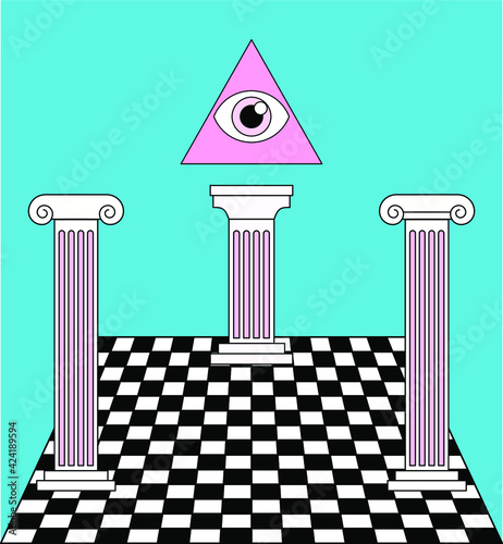Surreal vaporwave landscape with a checkerboard floor, ancient columns and the all-seeing eye in a triangle. Trendy occult psychedelic style illustration.