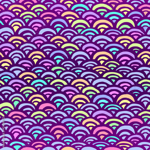 Hand drawn geometric abstract pattern. Cute doodle rainbow vector seamless background on black. Funny pattern.