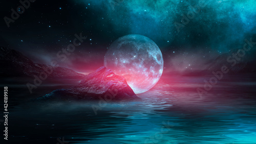 Fototapeta Naklejka Na Ścianę i Meble -  Futuristic fantasy night landscape with abstract landscape and island, moonlight, radiance, moon, neon. Dark natural scene with light reflection in water. Neon space galaxy portal. 3D illustration.	
