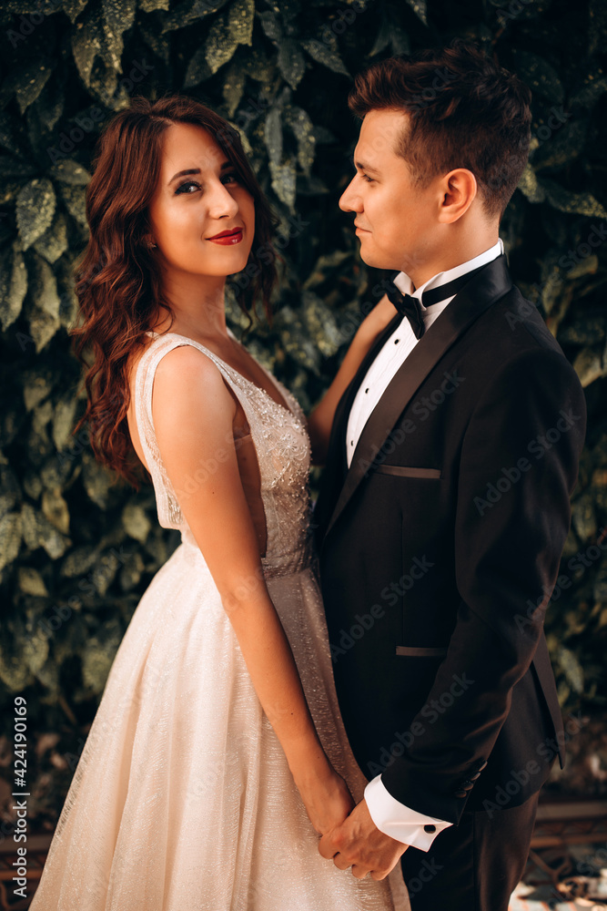 Walk of the bride and groom in the summer park. Newlyweds in seclusion. He and she against the backdrop of green foliage. Walk of the bride and groom in the summer park. Newlyweds in seclusion. He and she against the backdrop of green foliage.