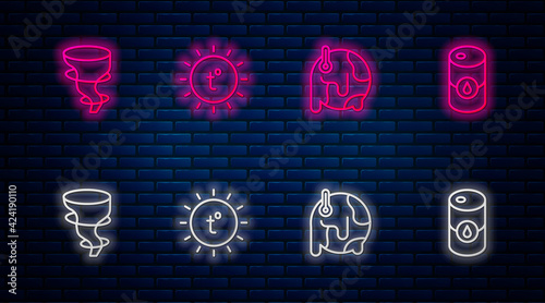 Set line Sun, Global warming, Tornado and Barrel oil. Glowing neon icon on brick wall. Vector