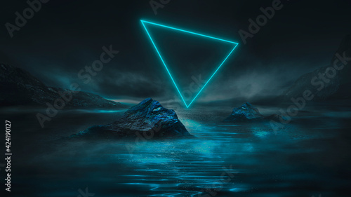 Futuristic fantasy night landscape with abstract landscape and island, moonlight, radiance, moon, neon. Dark natural scene with light reflection in water. Neon space galaxy portal. 3D illustration. 