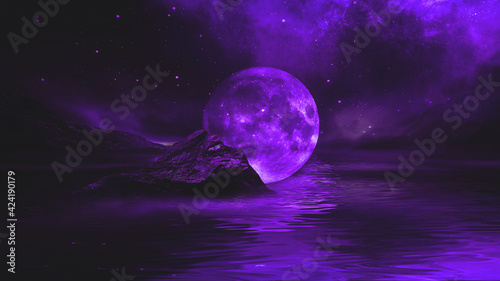 Futuristic fantasy night landscape with abstract landscape and island, moonlight, radiance, moon, neon. Dark natural scene with light reflection in water. Neon space galaxy portal. 3D illustration.	
