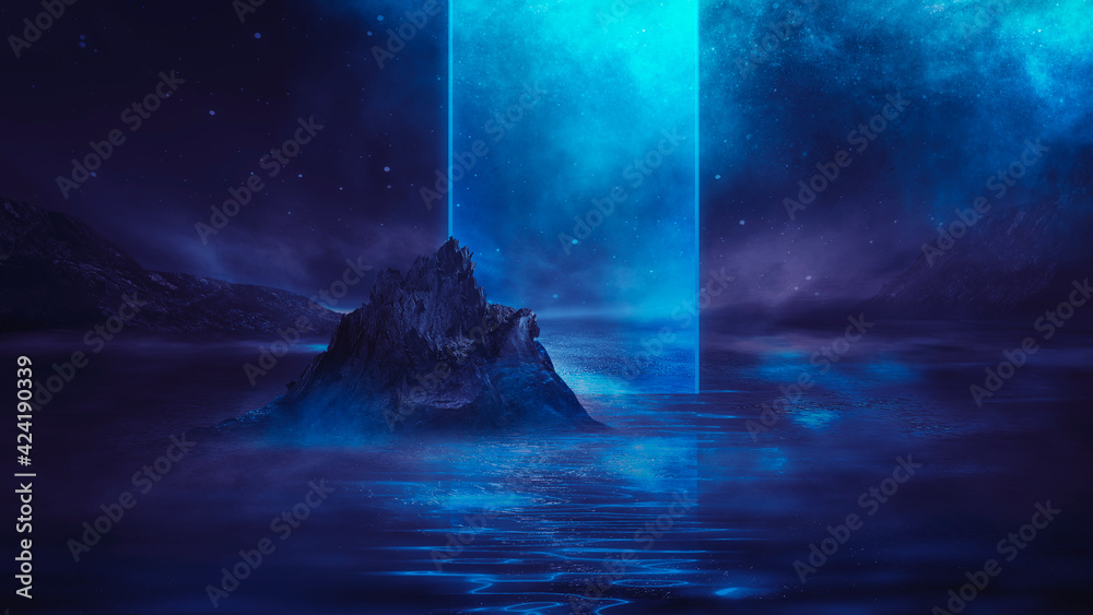 Futuristic fantasy night landscape with abstract landscape and island, moonlight, radiance, moon, neon. Dark natural scene with light reflection in water. Neon space galaxy portal. 3D illustration.
Futuristic fantasy night landscape with abstract landscape and island, moonlight, radiance, moon, neon. Dark natural scene with light reflection in water. Neon space galaxy portal. 3D illustration.