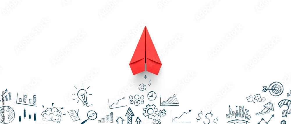 Red paper plane and business strategy on white background, Business success, innovation and solution concept
