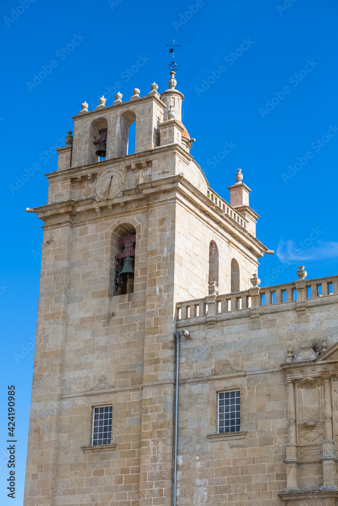 Detail view at the tower front facade of the Cathedral of Miranda do Douro, architectural icon of the city