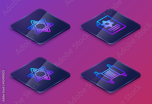 Set Isometric line Star of David, , Torah scroll and . Blue square button. Vector