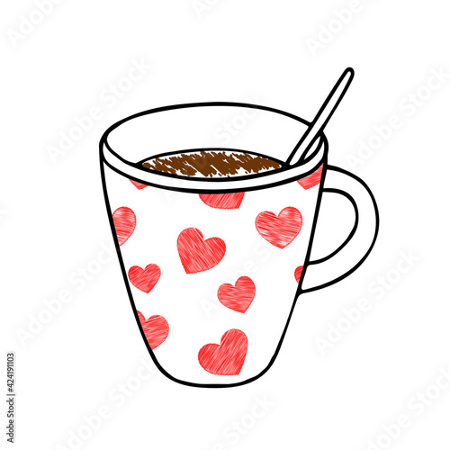 Hand drawing outline vector illustration of a cup of hot tea or coffee with a teaspoon and a red scribble heart pattern isolated on a white background