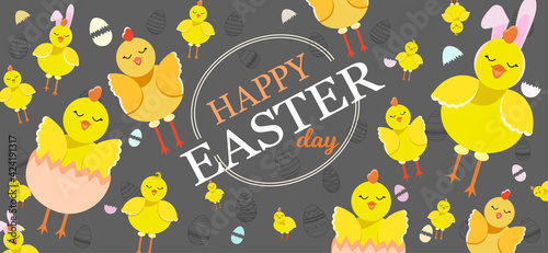Easter Day Greeting Card. Gray Background. Flat Style. Concept. Funny Birds. Chicks. Doodle eggs.Hand draw.Set.Tradition