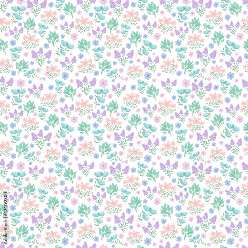 cute floral pattern. Pretty small flowers on white background. Printing with small pink, purple, blue flowers. Seamless vector. elegant template for fashionable printers. Spring flowers. Summer