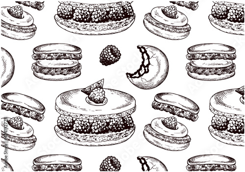 Sketch hand drawn pattern of engraved matcha tea macaroon with raspberry isolated on white background. Dessert macarons, matcha tea sweet food. Wallpaper for menu, cafe, packaging. Vector illustration