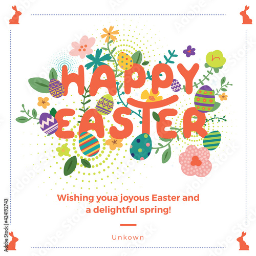 Happy easter greeting card. Easter spring hand drawn flowers background. Colorful Happy Easter greeting card with flowers and eggs. 