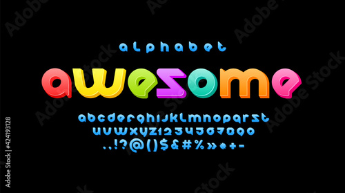 3D bold alphabet, bright rounded font, multi colored letters and numbers, vector illustration 10EPS