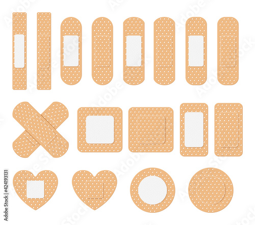 Vector set of medical plaster, elastic bandage patch. Collection of adhesive bandages, plasters or patches isolated on white background.