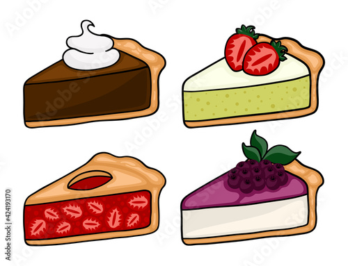 Cute cartoon pie slices set. Cherry, bleuberry, apple and peach pie drawing. Isolated vector illustration.