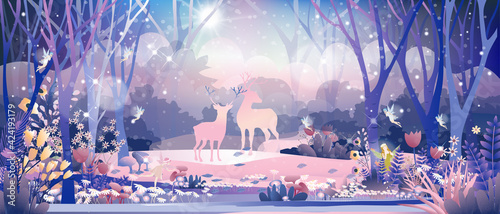 Fantasy cute little fairies flying and playing with reindeers family in magic forest at Christmas night,Vector illustration landscape of Winter wonderland.Fairytale background for bed time story cover