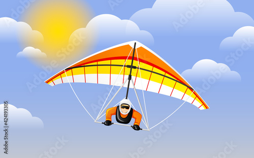 Hang gliding character vector. Cheerful hang gliding tandem flying in sky