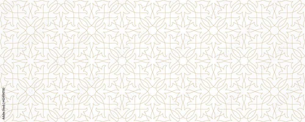 Seamless pattern with thin curl lines and stylized flowers. Monochrome abstract line texture in Arabic style. Decorative vintage lattice background. Abstract ornament for fabric, wrapping.