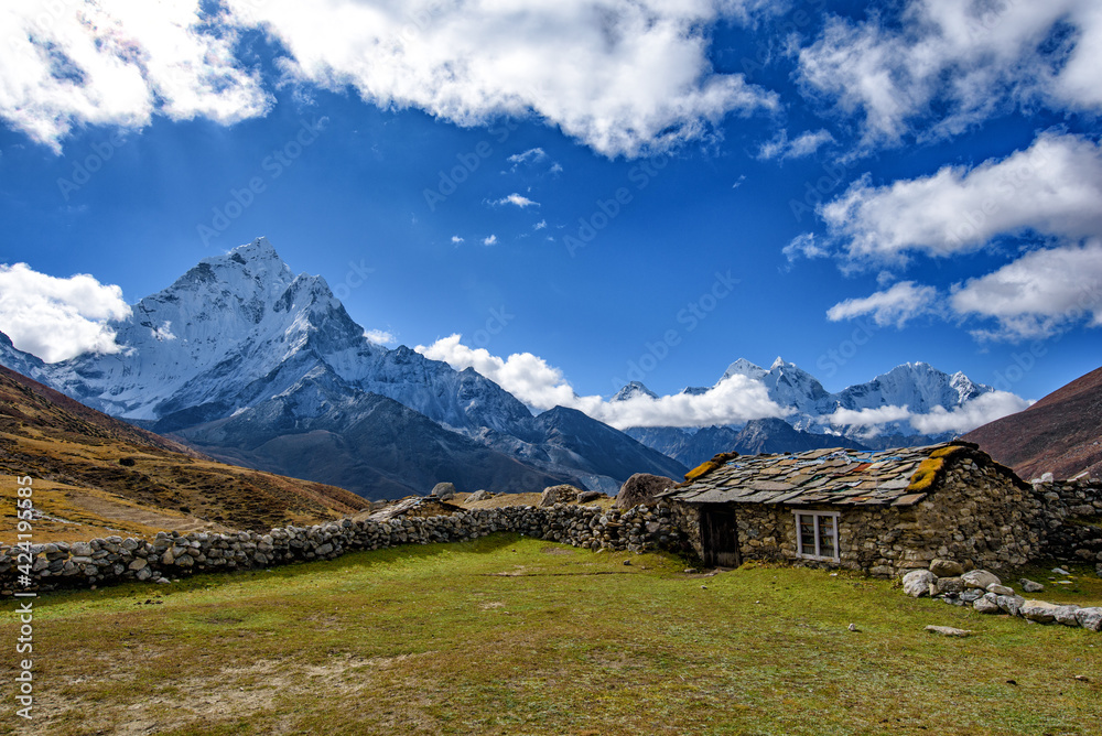 The view of the mountain area of Everest Base Camp trekking route at Himalayas mountain range in Nepal