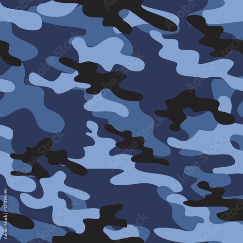 blue Military camo seamless pattern. Forest background on textile. Stylish new design. Ornament. Vector