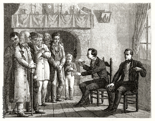 Joseph Smith reading indoor the Book of Mormon to his first adepts. Ancient grey tone etching style art by David, Le Tour du Monde, 1862