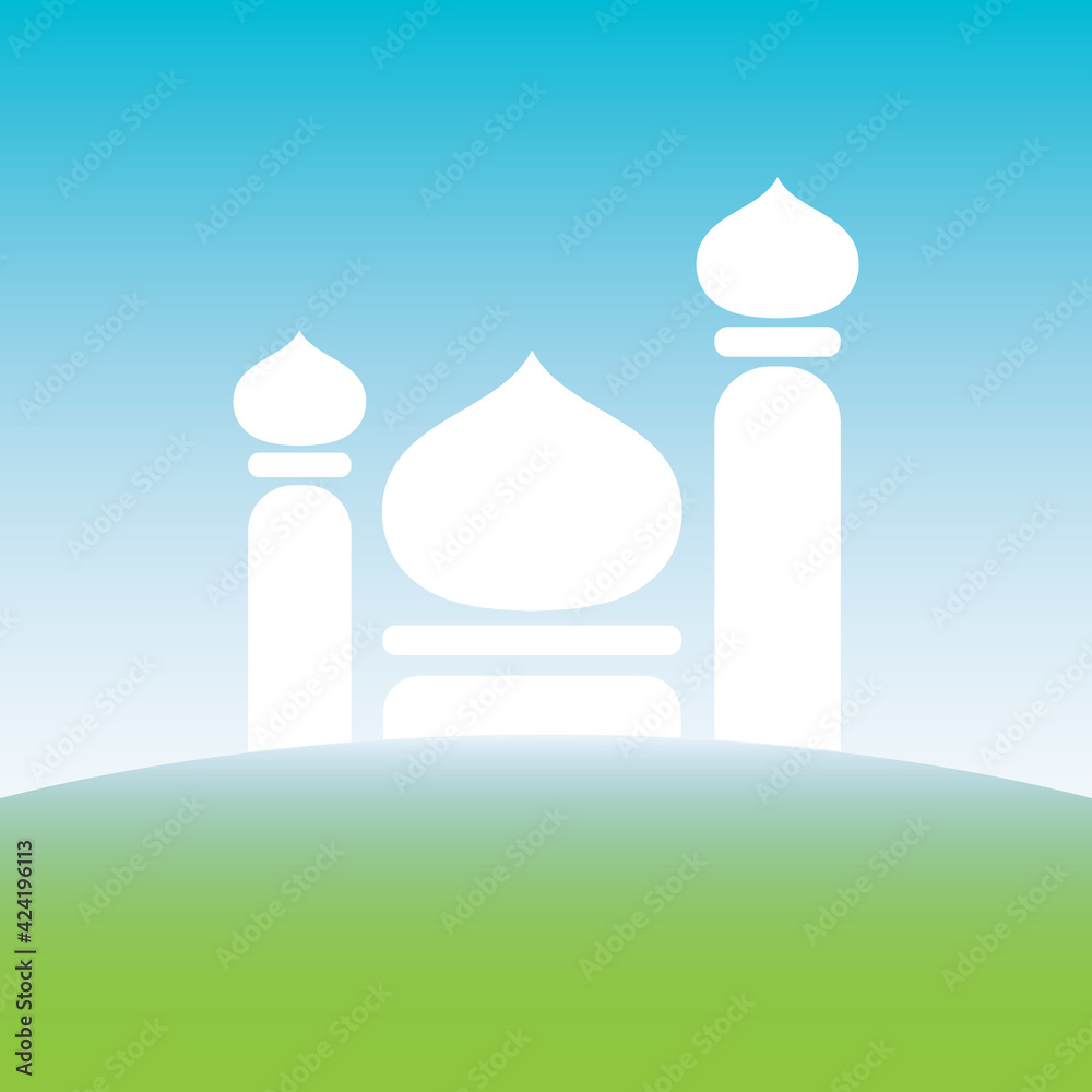 the silhouette of the mosque above the green earth and under the blue sky vector image