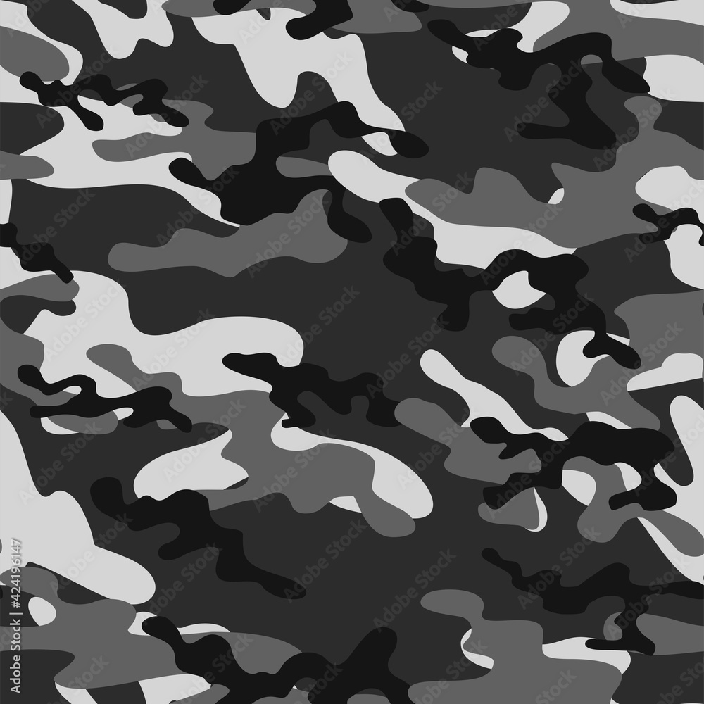 Grey Camouflage seamless pattern texture. Abstract modern vector military camo backgound. Fabric textile print template. Vector illustration.