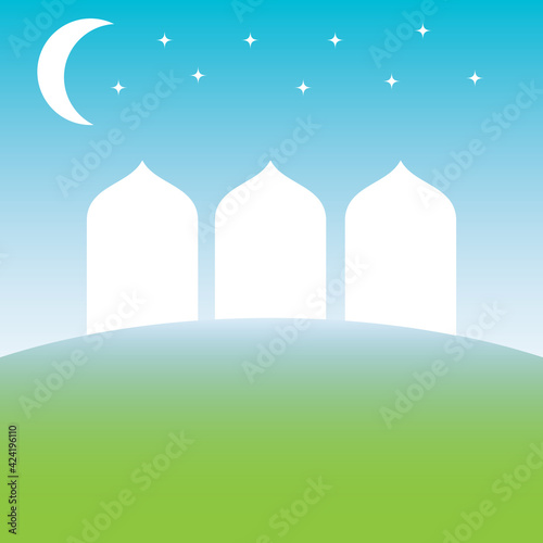 the silhouette of the mosque above the green earth and under the blue sky vector image