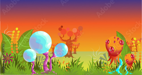 Alien magic world , fantasy landscape with bizarre trees and plants. High quality photo
