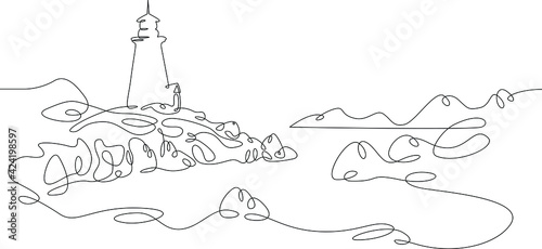 Lighthouse on the rocky shore of the sea bay. One continuous drawing line  logo single hand drawn art doodle isolated minimal illustration.
