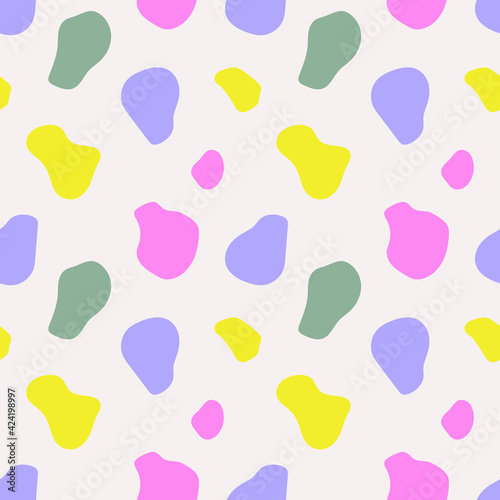 Abstract seamless pattern. Spots in trendy colors 2021. Ultimate Gray, Illuminating. Pastel range. Vector illustration. A simple backdrop for wrapping paper, textiles, wallpaper, page fill, bedding.