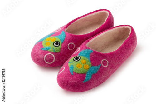 Felt slippers on white background in closeup photo