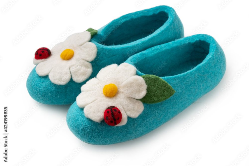 Felt slippers on white background in closeup Felt slippers on white background in closeup