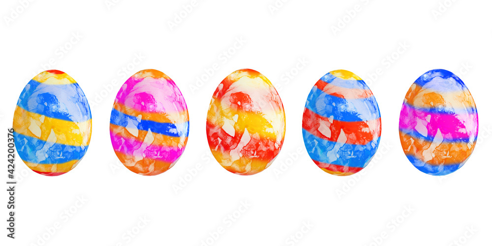 Five colored easter eggs, pink, blue, yellow, red and orange isolated on white background