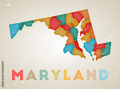 Wallpaper Mural Maryland map. US state poster with colored regions. Old grunge texture. Vector illustration of Maryland with US state name. Torontodigital.ca