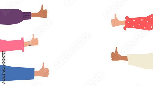 People are showing thumbs up. Excellent mark. Voting approval. Vector illustration in flat style