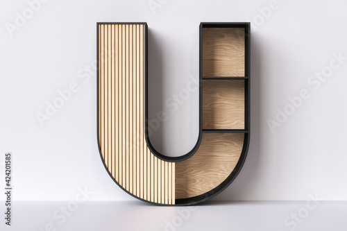 Fototapeta Naklejka Na Ścianę i Meble -  Modern minimalist wood letter U design. Japandi rising home decor trend inspiration. Nice to decorate an interior or use it as a product stand. 3D rendering.