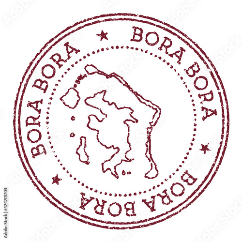 Bora Bora round rubber stamp with island map. Vintage red passport stamp with circular text and stars, vector illustration.