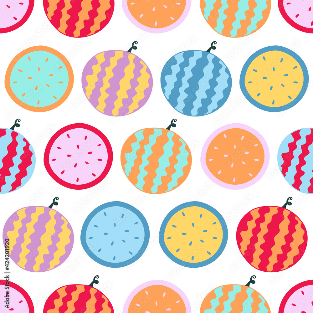 Seamless pattern with cute hand drawn watermelon. Modern abstract fruit illustration. Pop art style vector background for design card, gift, print, package, wrapping paper, wallpaper, fabric, textile. Seamless pattern with cute hand drawn watermelon. Modern abstract fruit illustration. Pop art style vector background for design card, gift, print, package, wrapping paper, wallpaper, fabric, textile.