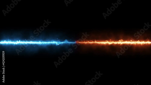 Horizontal glowing flame presented in contrast blue cold and hot fire tone. Line flame with alpha black and white.