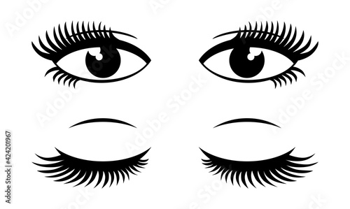 Female open and closed eyes. Vector icons on transparent background