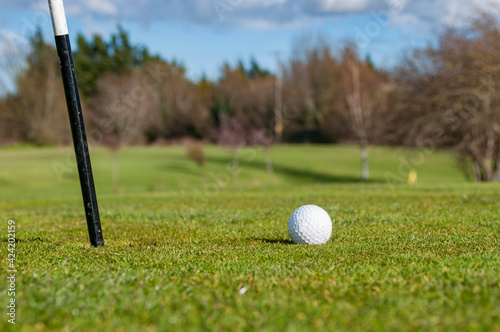 Photography Closeup of Golf Ball beside flagstick.