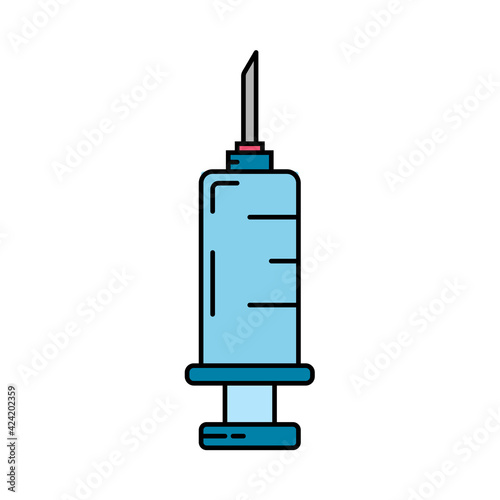 Line color medical healthcare art icon - syringe. Professional equipment symbol. Science, pharmacy, medic, chemistry background emblem element. Laboratory test. Vector medical outline illustration.