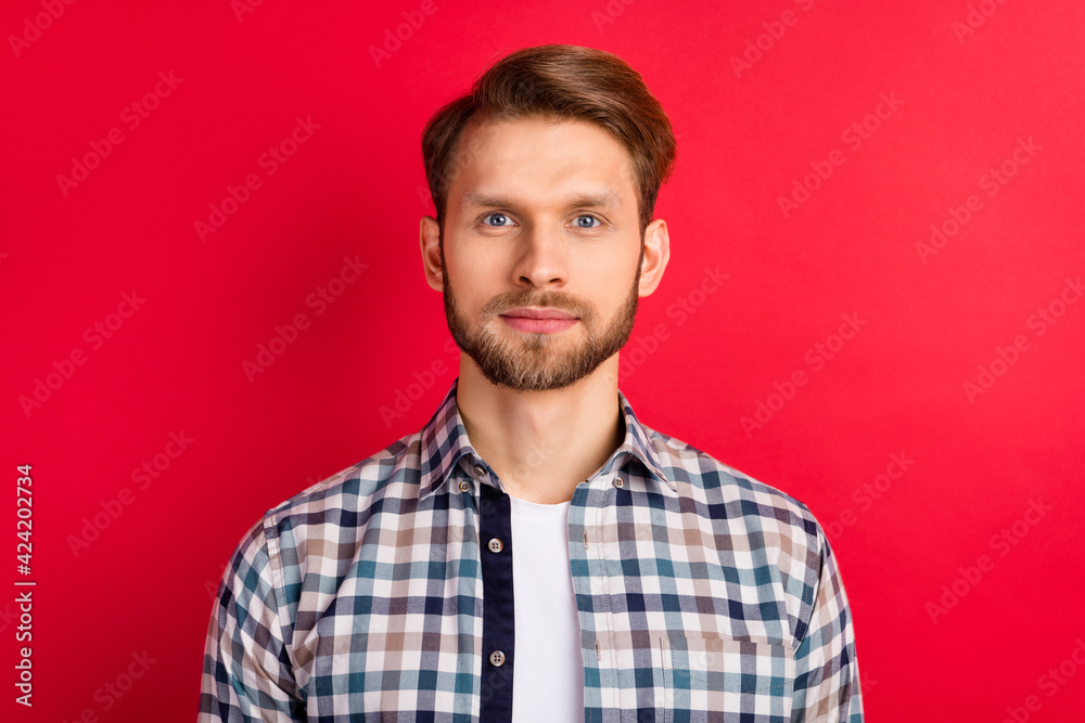 Fototapeta premium Photo of young handsome man happy positive smile confident wear plaid shirt isolated over red color background